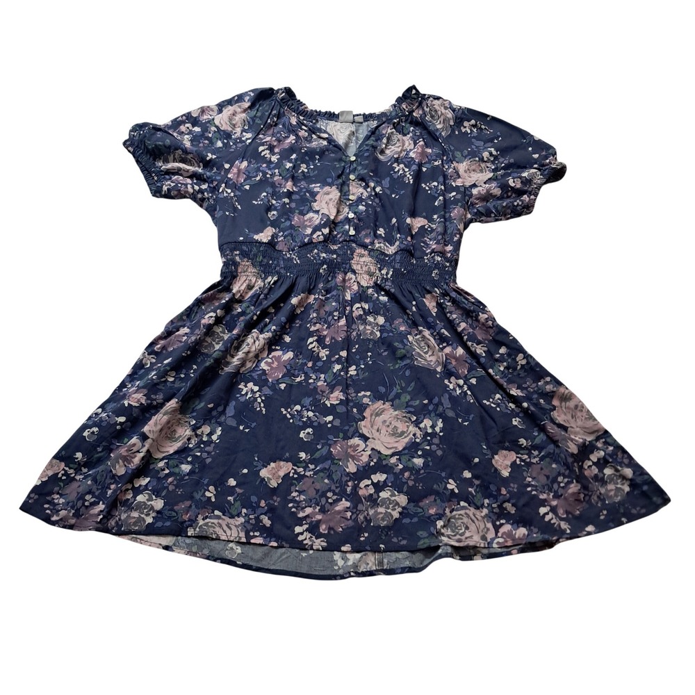 Gap‎ Dress Women's XL Blue Mini Smocked Floral Puff Sleeve Pockets Cottagecore